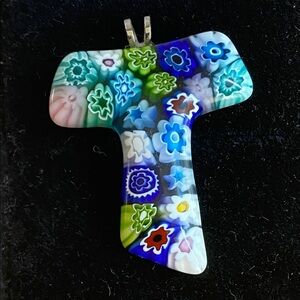 Millefiori Art Glass Cross Pendant -Colorful Mosaic Flower Statement Necklace